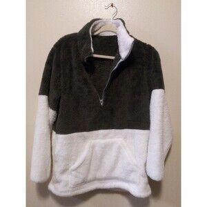 Unbranded Fleece Jacket (M) Green/White 1/2-Zip Pouch Long Sleeve Elastic Cuffs
